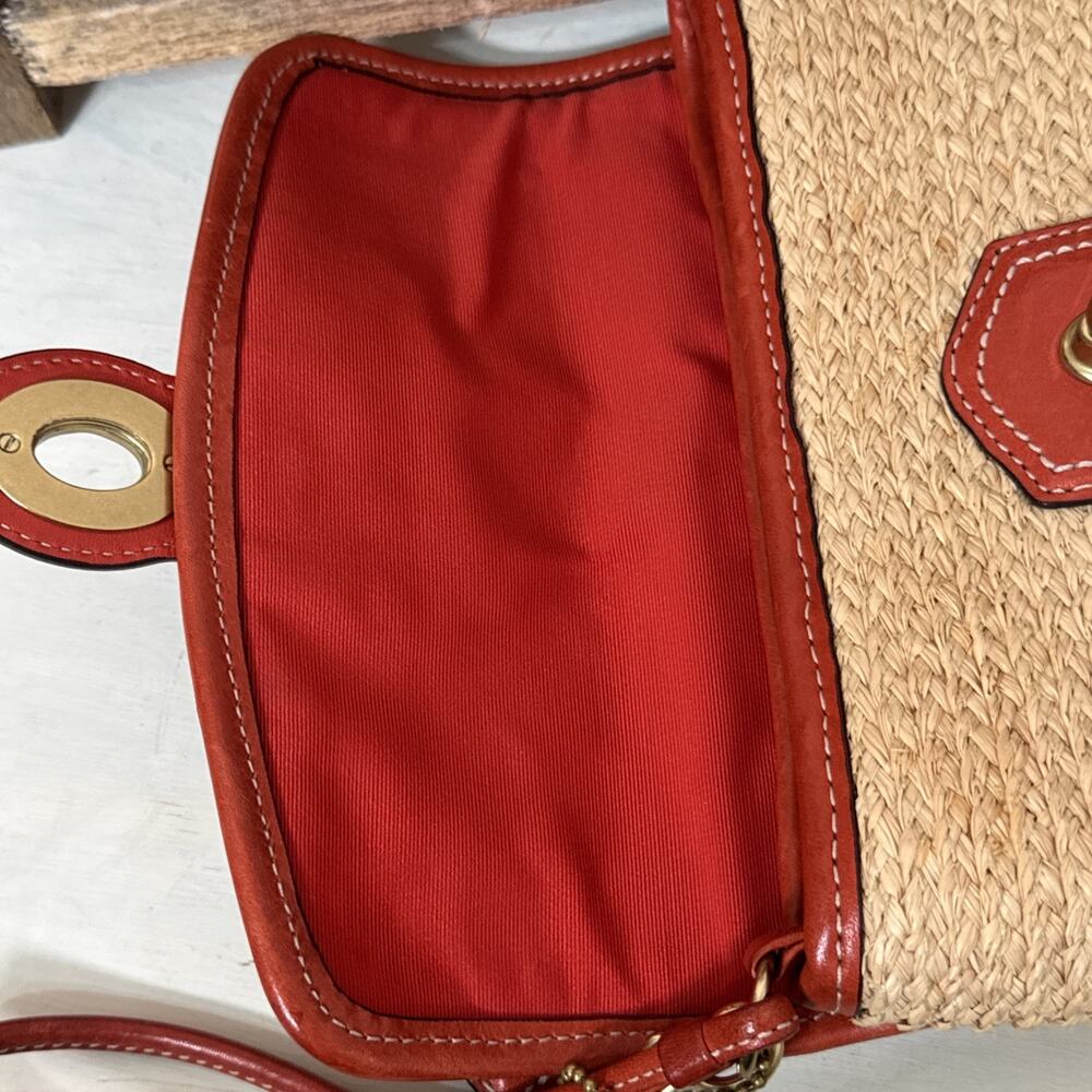 Coach Straw Leather Burnt Red Clutch Wristlet With Turnlock - Picture 6 of 12